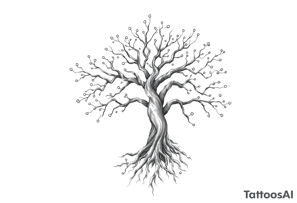 mystical tree of life with cosmic roots and celestial branches tattoo idea