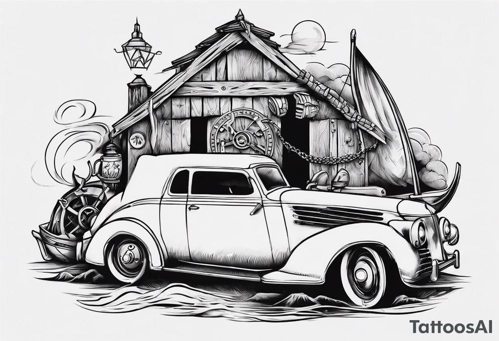 A Viking building a vintage car tattoo idea