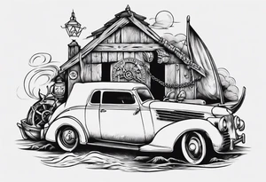 A Viking building a vintage car tattoo idea