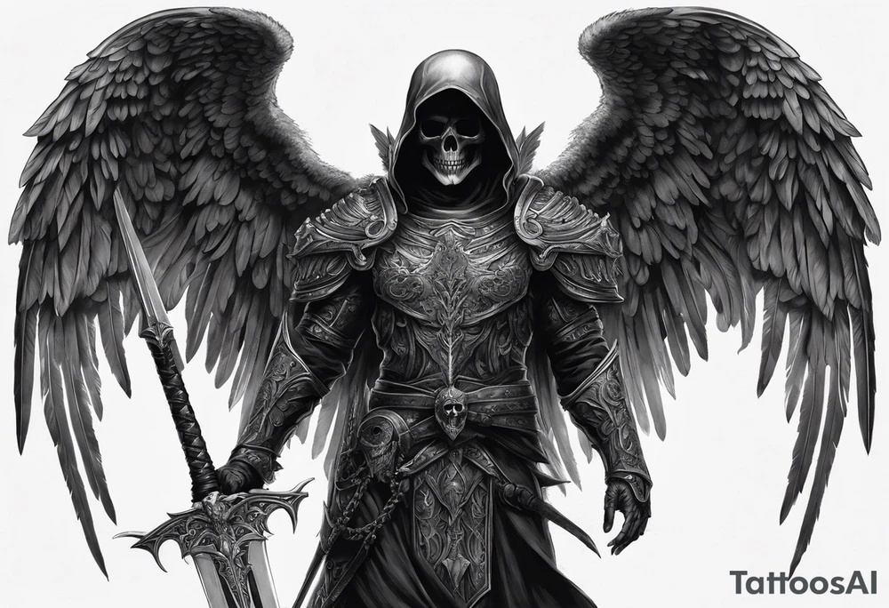 realistic full body of black angel of death, no face, face is not visible, with wings holding only one sword in both hands, the sword is driven into the skull, skull is on the ground tattoo idea