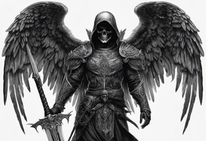 realistic full body of black angel of death, no face, face is not visible, with wings holding only one sword in both hands, the sword is driven into the skull, skull is on the ground tattoo idea