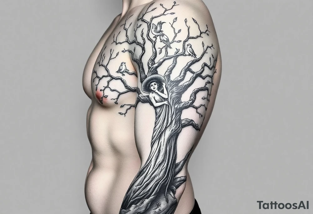 Poison tree with woman and birds and her hands to up into the branches but make her part of the tree put it on the thigh tattoo idea