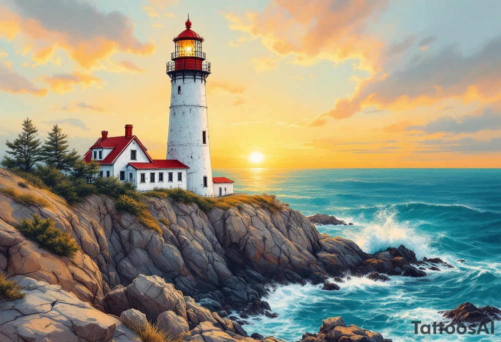 A tall, weathered white lighthouse with a bright red roof and railing, standing boldly on a rocky cliff surrounded by crashing teal-blue waves and glowing under a golden-orange sunset sky. tattoo idea