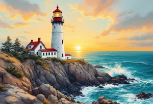 A tall, weathered white lighthouse with a bright red roof and railing, standing boldly on a rocky cliff surrounded by crashing teal-blue waves and glowing under a golden-orange sunset sky. tattoo idea