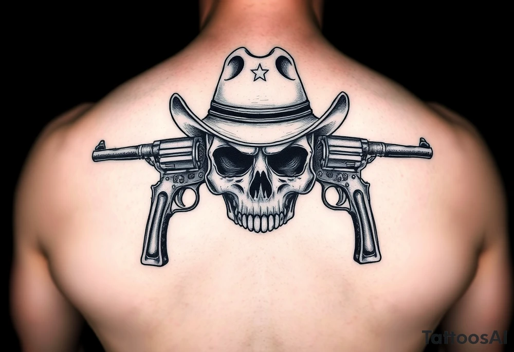 skull with cowboy-hat beneath two guns. tattoo idea