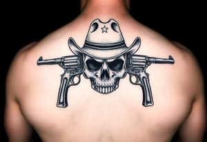skull with cowboy-hat beneath two guns. tattoo idea