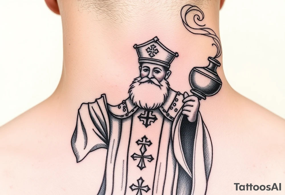 Russian Orthodox Priest in fully detailed vestment swinging a censer with smoke curling upward tattoo idea