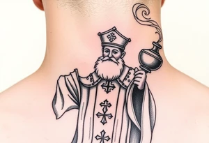 Russian Orthodox Priest in fully detailed vestment swinging a censer with smoke curling upward tattoo idea