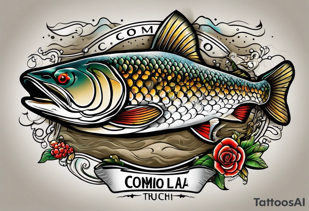 A small tattoo with a shaded trout and text that says, 'Como la trucha...' drawn with fine lines." tattoo idea