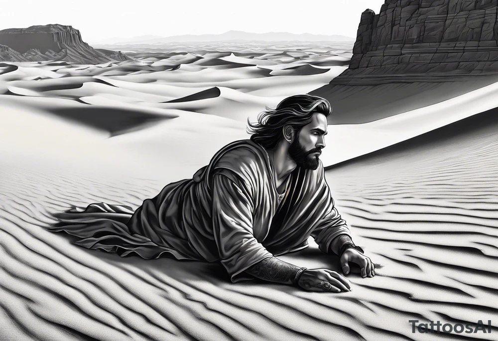 man crawling in a desert toward the cross of Christ tattoo idea