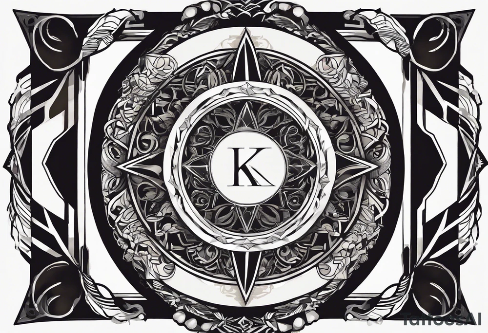Simplistic symbol large delta inside a circle. Circle is made from chain. Shade of a letter K in a background. tattoo idea