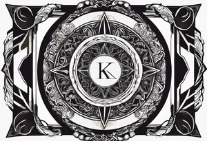 Simplistic symbol large delta inside a circle. Circle is made from chain. Shade of a letter K in a background. tattoo idea