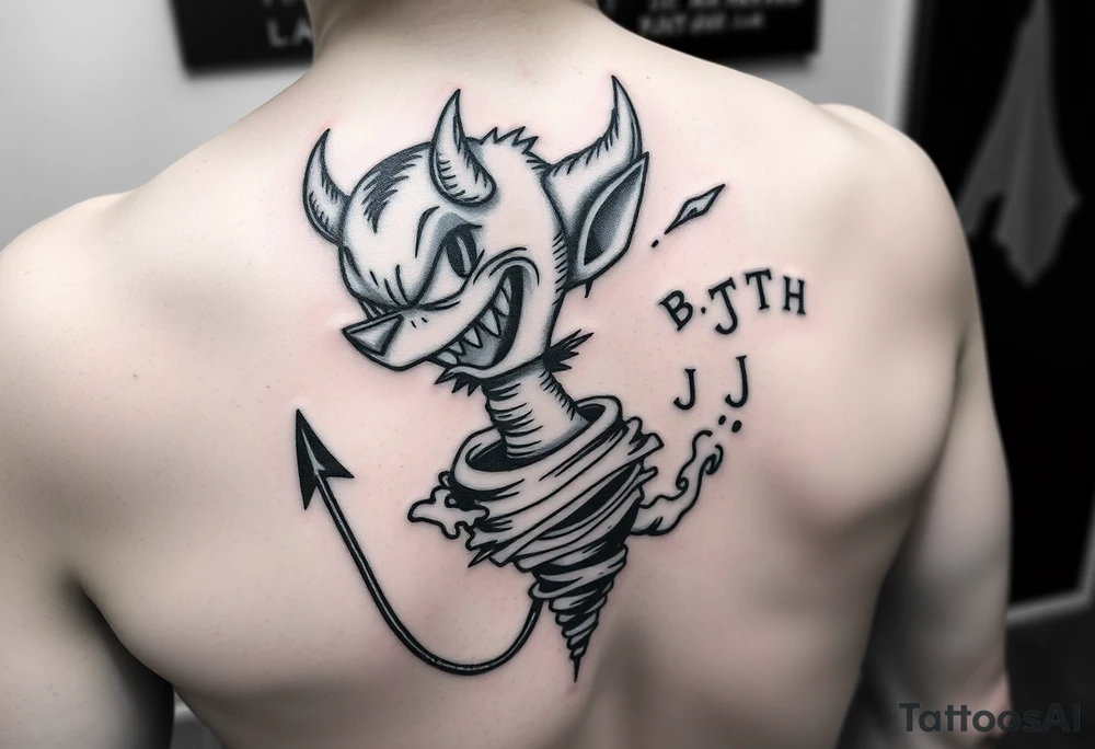 Give me the cartoon tazmanian devil with half his body a tornado and initials floating in the tornado of BD, TD, LJ, MA,HE tattoo idea