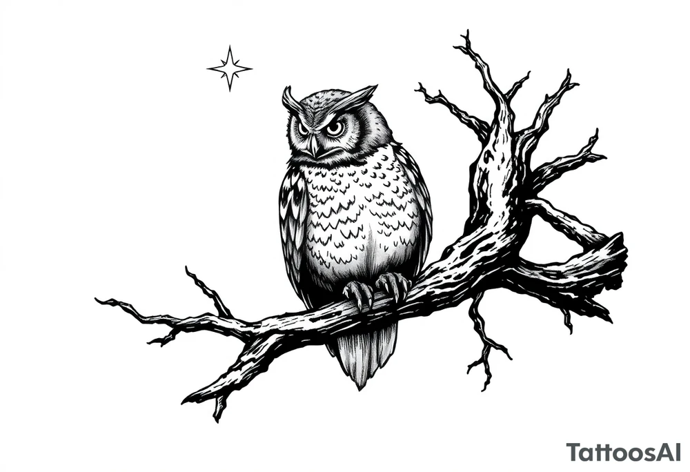 wise owl perched on ancient oak branch under starlit sky tattoo idea
