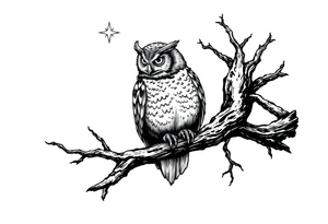 wise owl perched on ancient oak branch under starlit sky tattoo idea