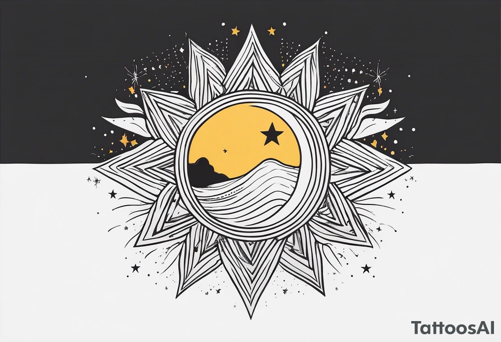 Western sun stars and moon. Mirrored with swirls and dots and stars tattoo idea
