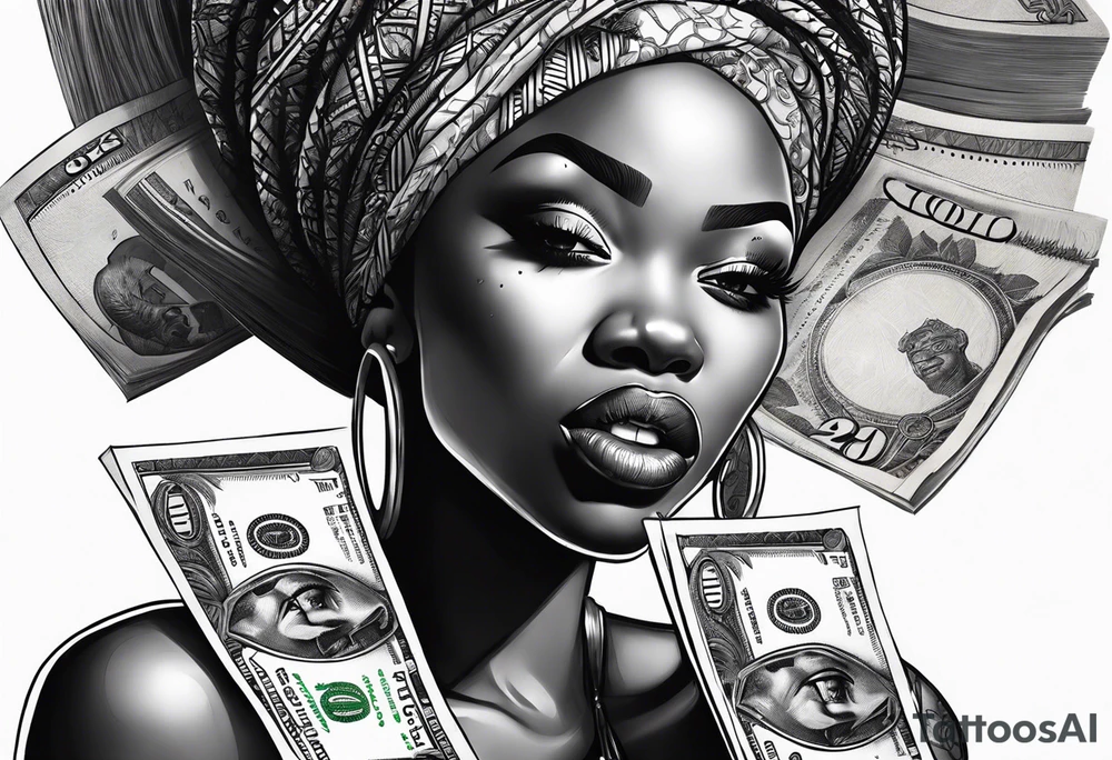 african woman biting money tattoo idea