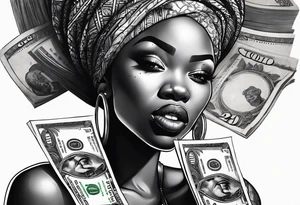 african woman biting money tattoo idea