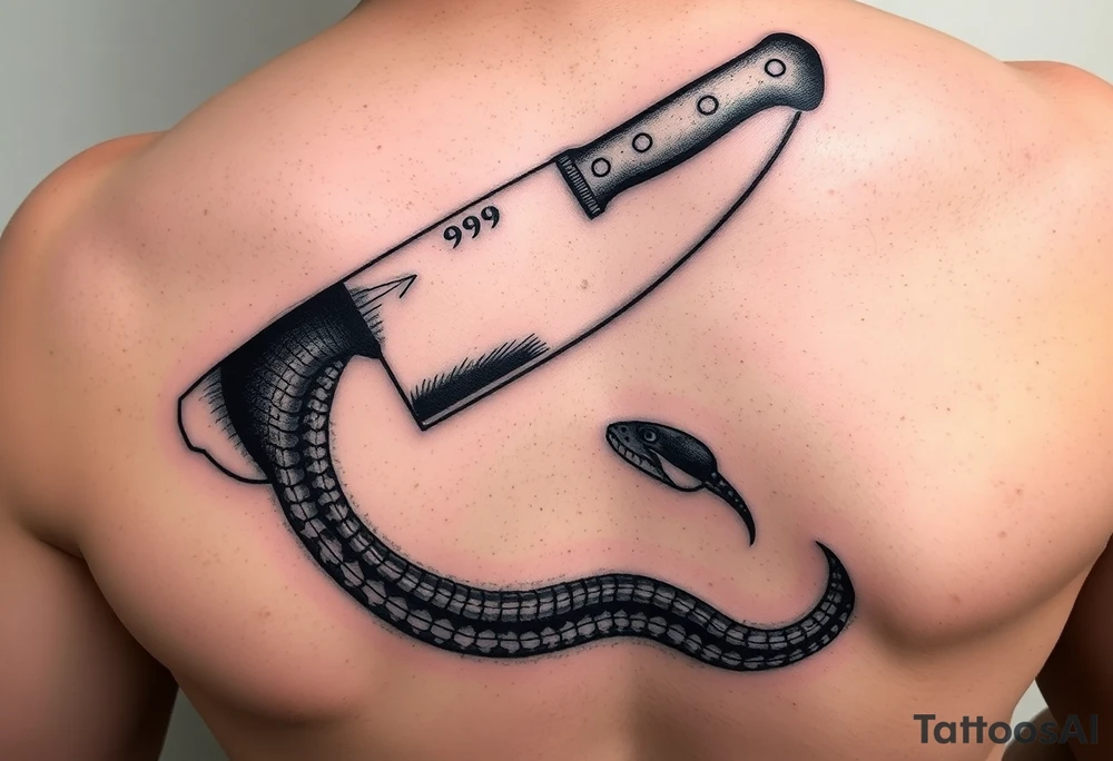 A butcher’s cleaver cutting the head off a snake…. The tail of the the snake is 999
The cleaver has the thousandth tattoo idea