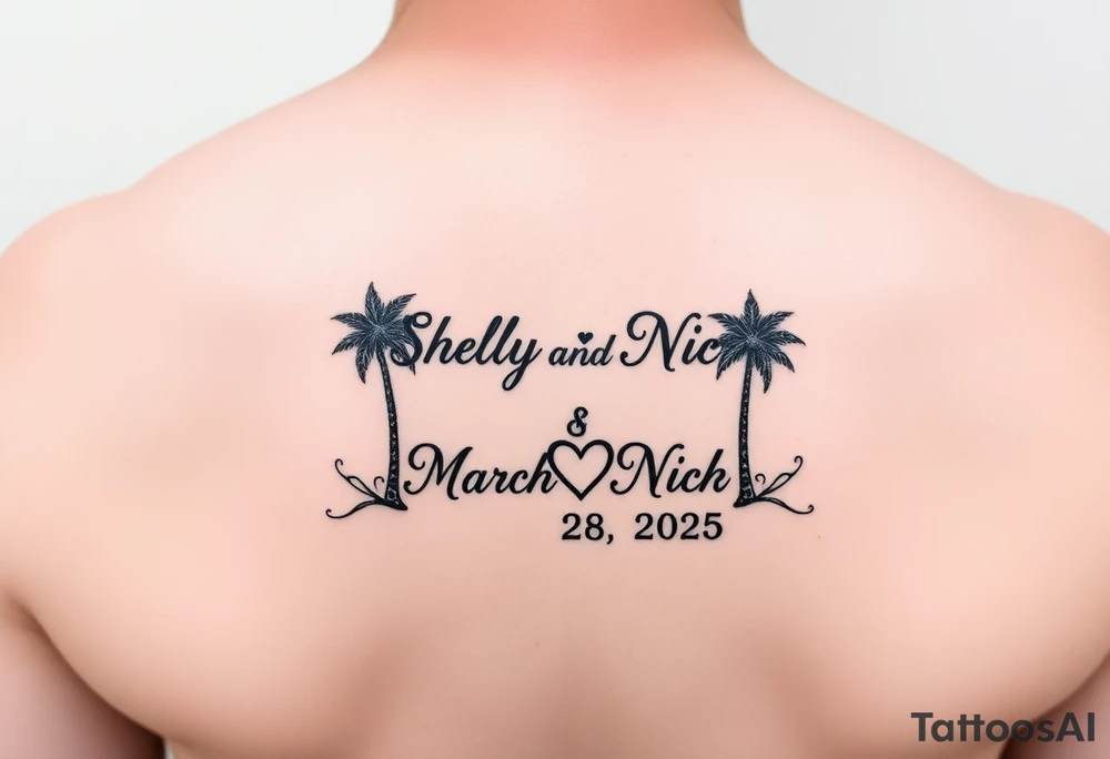 Shelly + Nick with date March 28 2025 with palm trees and hearts tattoo idea