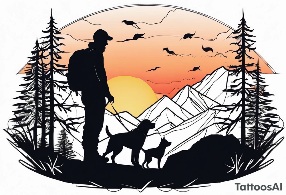 nature, sunset, mountains, a father and son hiking with their dog and cat and a cross tattoo idea