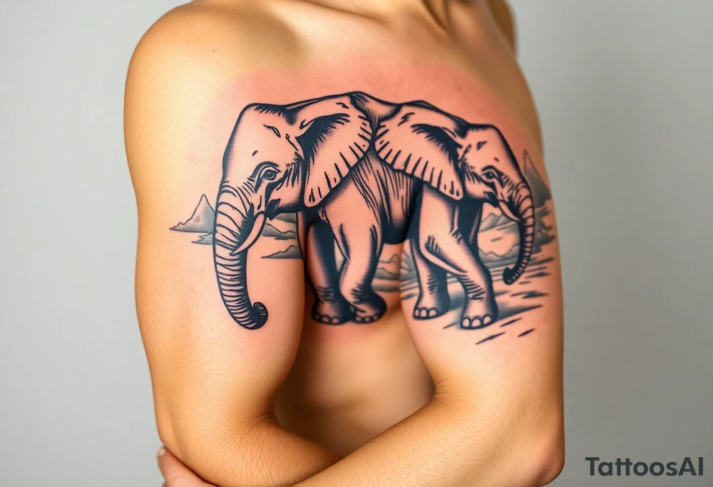 A mother and a baby elephant walking down a mountain trail with the ocean below tattoo idea