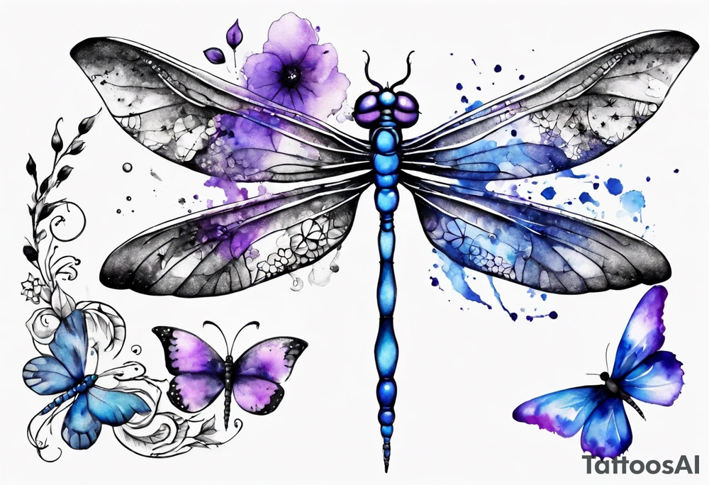 half sleeve with small flowers and a blue and purple watercolor dragonfly with a semicolon for the body tattoo idea