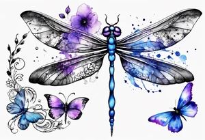 half sleeve with small flowers and a blue and purple watercolor dragonfly with a semicolon for the body tattoo idea