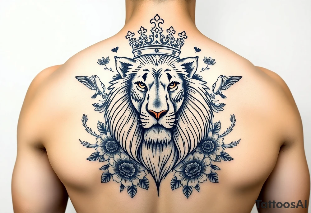 powerful majestic lion with a crown, surrounded by floral ornaments and birds tattoo idea
