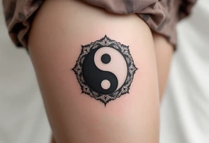 A small yin-yang inspired circle in matte black and bone white with subtle shading. tattoo idea