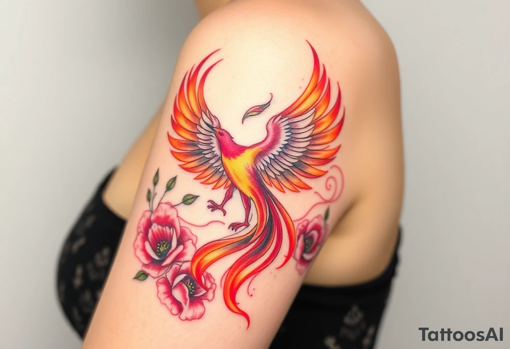 A pheonix rising out of fire surrounded by carnation flowers on the upper arm tattoo idea