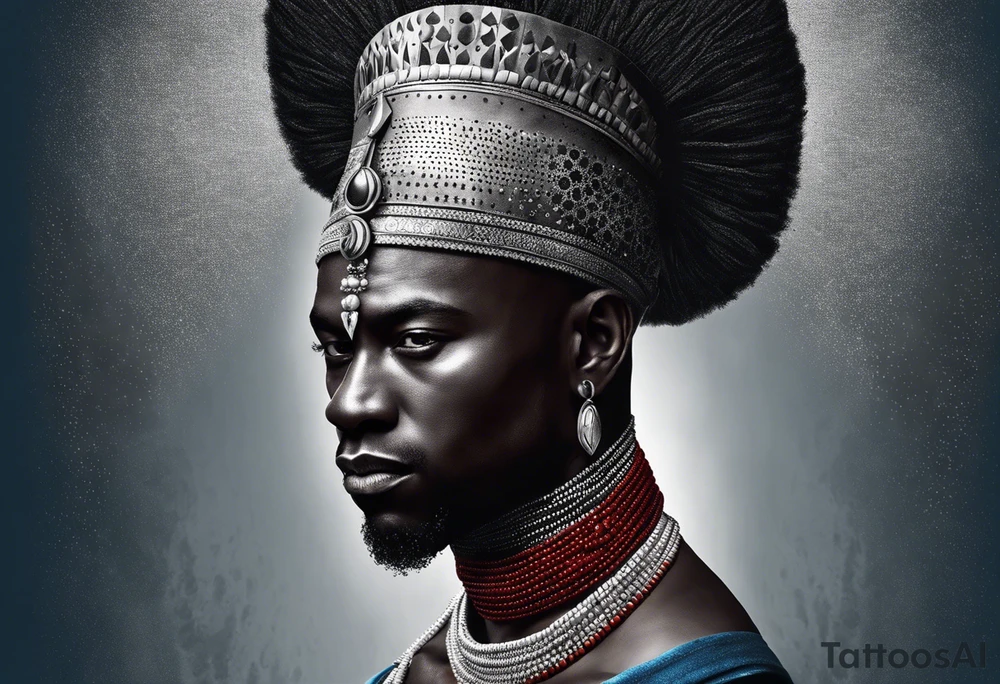 Black-skinned bald african warrior. He wears a simple and small silver crown. He uses two simple necklaces: one blue, other red. tattoo idea
