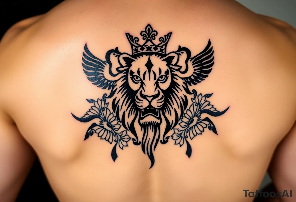powerful majestic lion with a crown, surrounded by floral ornaments and birds tattoo idea