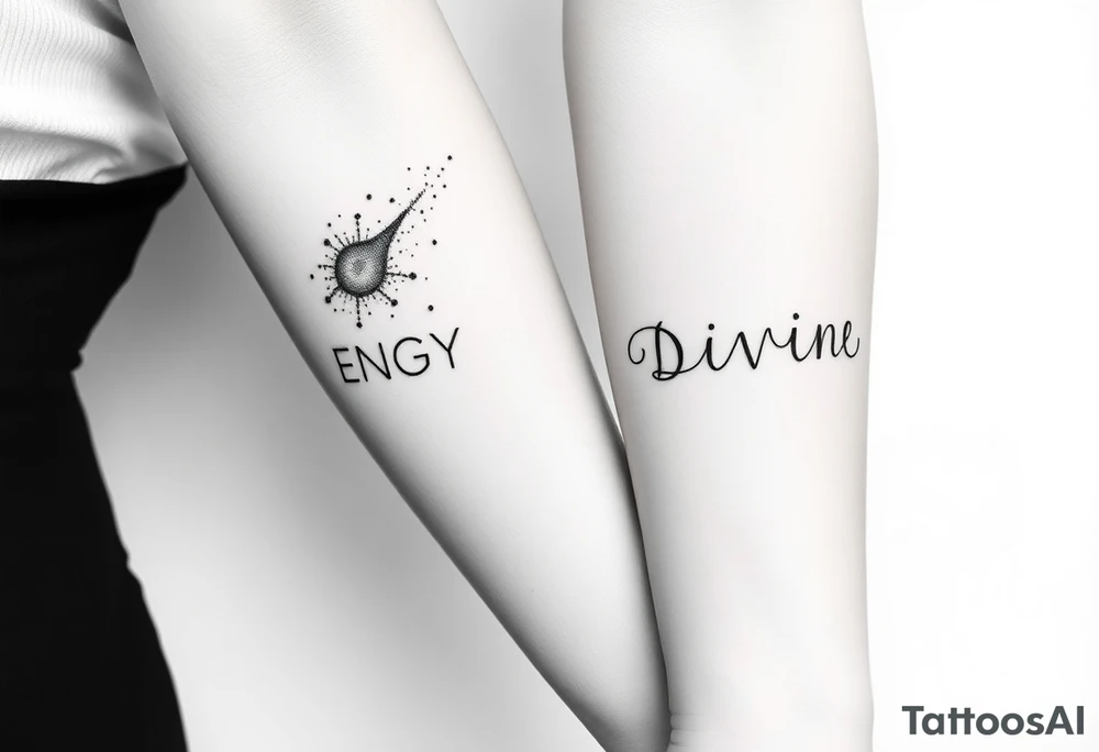 Two minimalist blackwork dotwork tattoos featuring the word ‘ENERGY’ on the left arm, balancing with ‘DIVINE’ on the right arm. Surrounding ‘ENERGY’ is a nebula or cosmic wind or stardust or a comet, designed with intricate dot shading and fine linework. The tattoo is realistic yet subtle, creating a cosmic, ethereal feel while keeping a clean, minimalist aesthetic. The elements flow naturally, complementing the shape of the arm without overpowering the text. tattoo idea