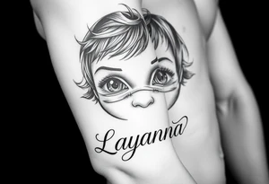 Baby girl newborn eyes with the name layanna at the bottom of it tattoo idea