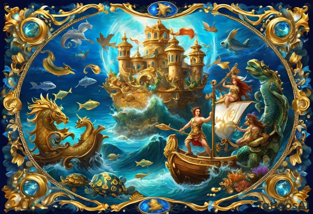 the tatto will be large in the middle there are sea horses guiding neptunes chariot they are the mythical beast castor and phalox, on the upper right is a blue nose and a rock sourrounded by water, on the upper left is a turtle with a golden shell and on the bottom is a ribbon with a sparrow on each side holding it up tattoo idea