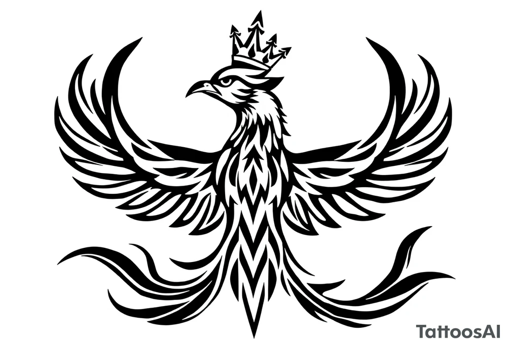 Pheonix wearing a crown with flowy long tail tattoo idea