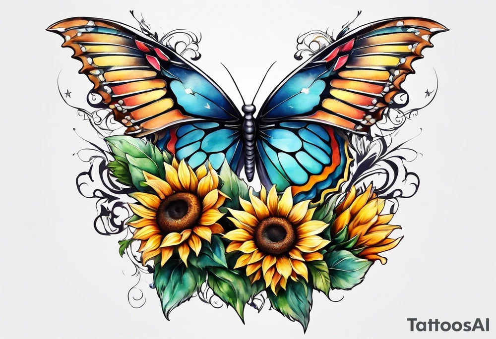 Sleeve with angel wings, sunflower and butterfly tattoo idea