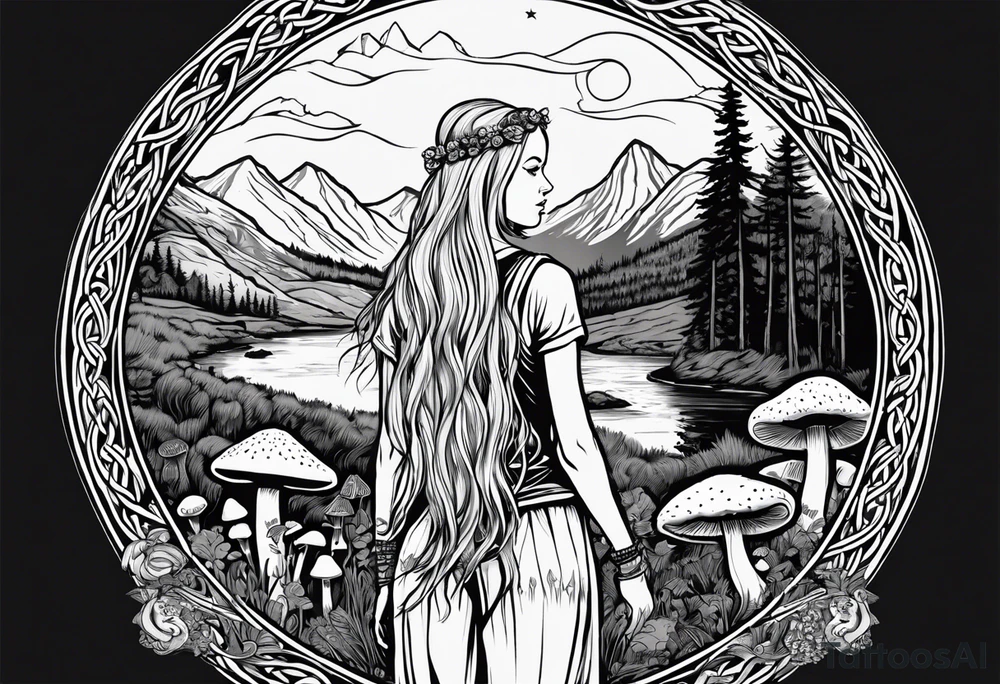 Whole picture encircled fully

Straight long blonde hair hippie girl in distance holding mushrooms in hand facing away toward mountains and creek surrounded by mushrooms long sleeve shirt and hiking pants; whole rendering within a full celtic circle, no cut off circle tattoo idea