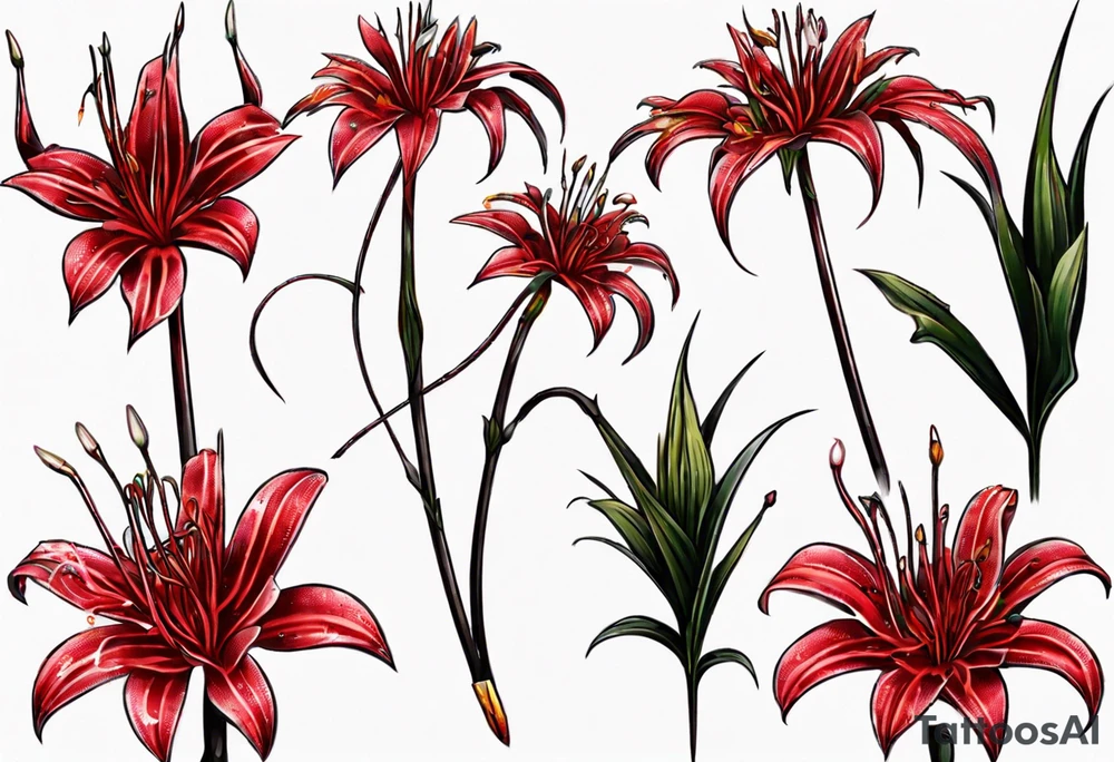 Red spiked spider lily with snake wrapped around stem of the flower. tattoo idea