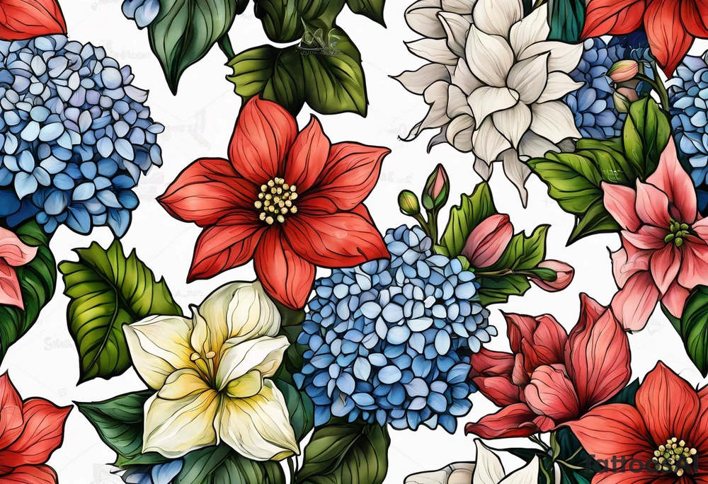 Hydrangea, Narcissus, Poinsettia, Holly, Gladiolus, Poppy, Daisy, Sweet Pea floral tattoo idea