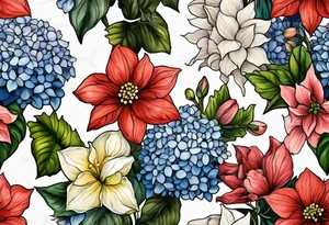 Hydrangea, Narcissus, Poinsettia, Holly, Gladiolus, Poppy, Daisy, Sweet Pea floral tattoo idea