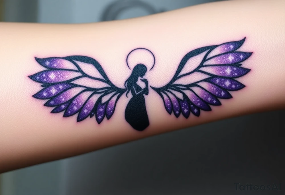 A dark angel figure with starry wings, the edges of the wings have galaxies within them, deep black and purple hues glowing with specks of white. tattoo idea