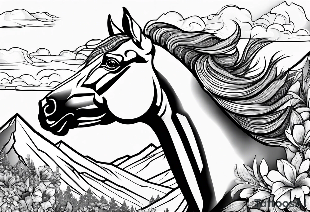 bucking horse, mountains background, feather, flowers, western tattoo idea
