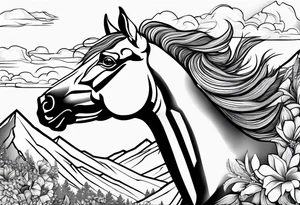 bucking horse, mountains background, feather, flowers, western tattoo idea