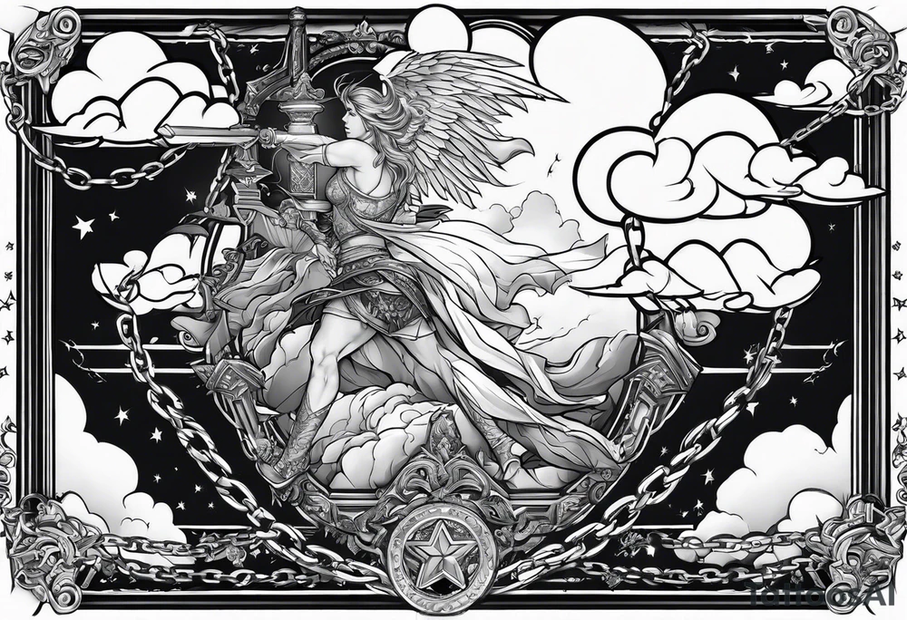 angle falling from sky with chains clouds lightening tattoo idea