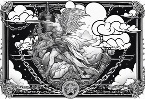 angle falling from sky with chains clouds lightening tattoo idea