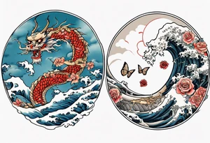 Filler Japanese or Chinese style background for traditional Chinese dragon, Hokusai great wave tattoo in a circle and a traditional rose and butterfly tattoo tattoo idea
