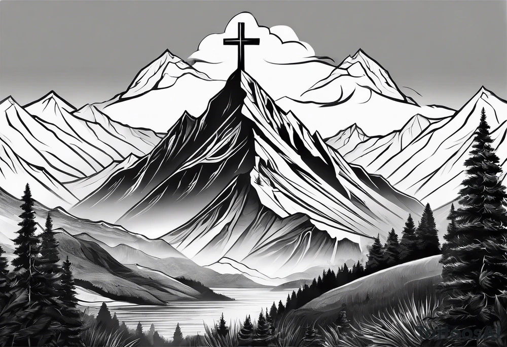 Small Cross on top if a one mountain tattoo idea