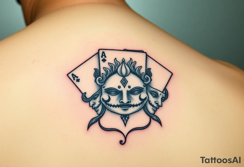 5 playing cards surrounded by twin Gemini zodiac sign and smile now cry later masks tattoo idea